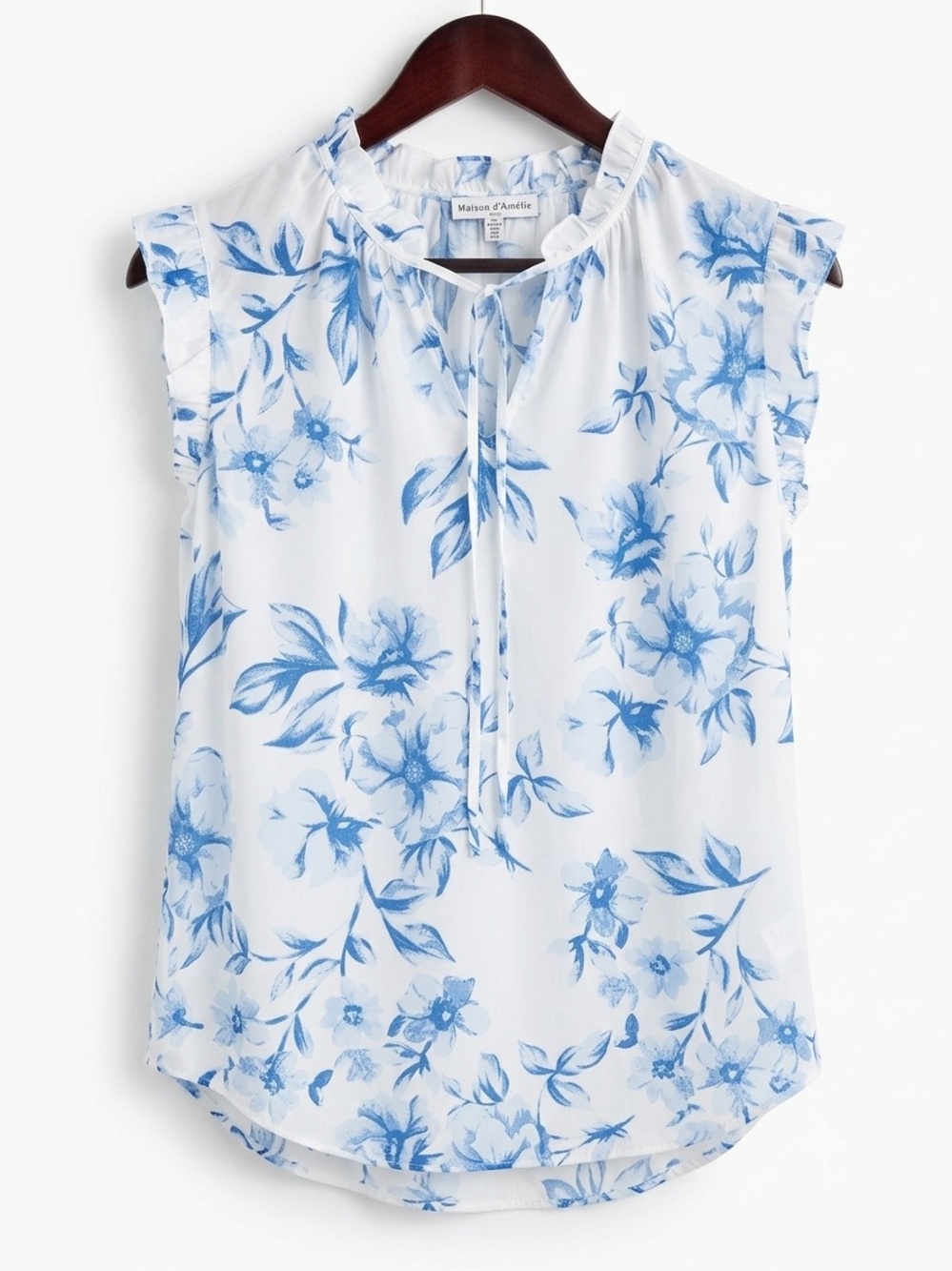 MAISON d’Amelie White and Blue Floral Tie-Neck Top BNWOT